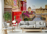 Historic cityscape mural on stairway wall, modern home, warm colours