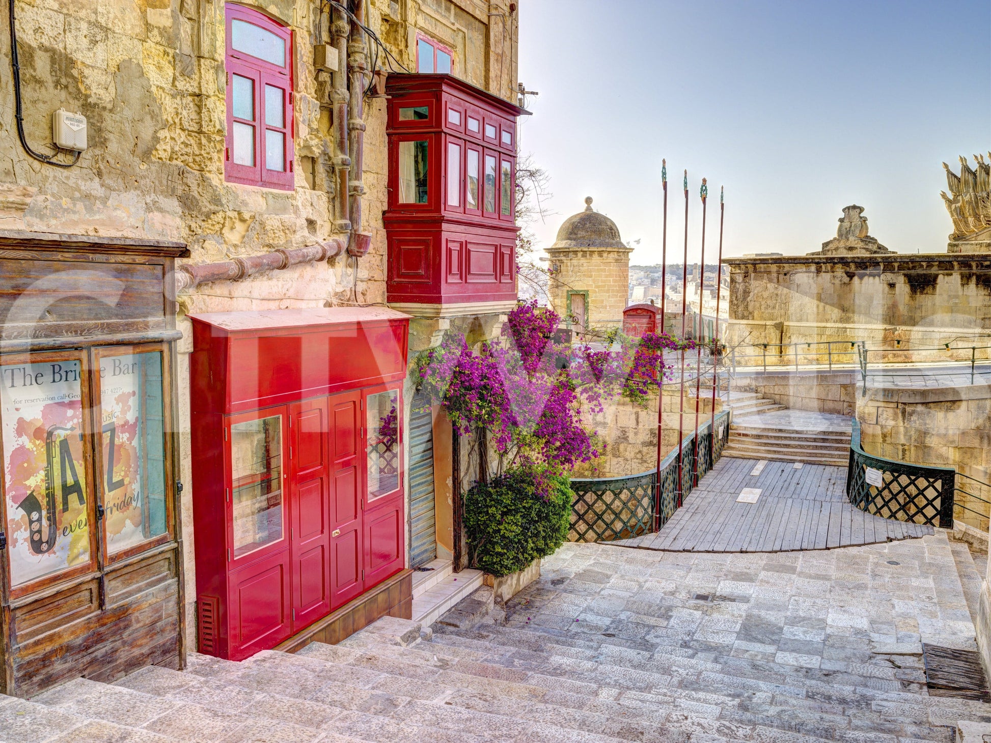 Coastal town panorama mural in minimalist flat, modern home décor, soft colour tones