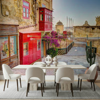 Waterfront city mural as bedroom headboard wall, modern look, warm colour highlights