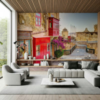 Valletta skyline mural for dining room, modern interior, soft colour and stone textures