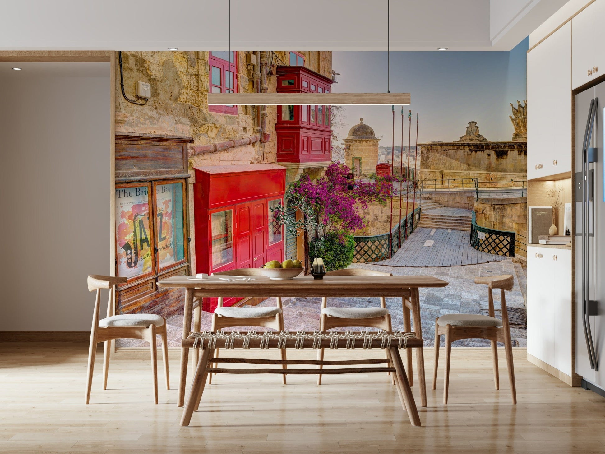 Coastal city view wall mural in home office, modern setup, calm home décor backdrop