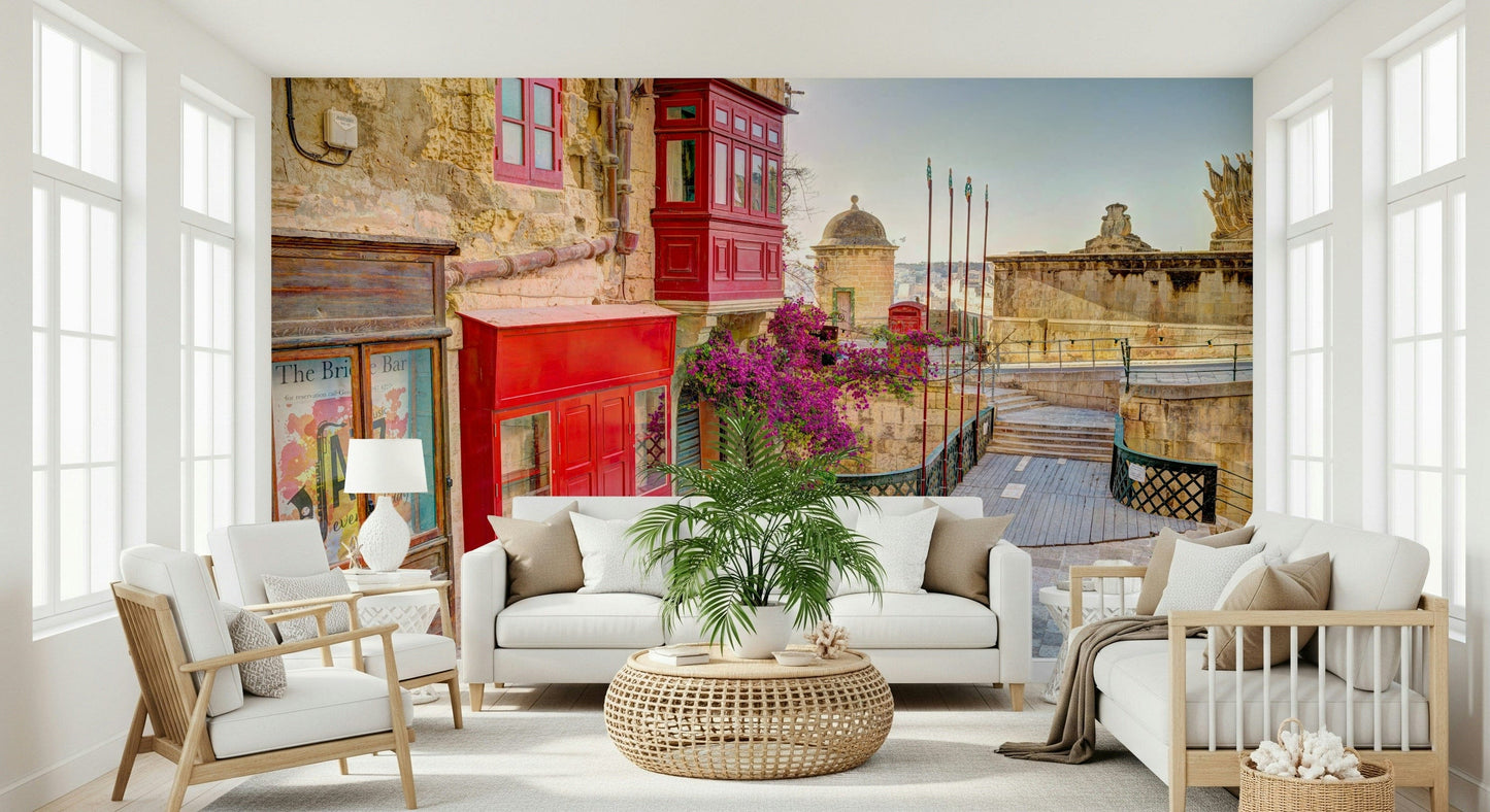 Harbour view wall mural in study corner, modern interior, balanced colours and detail