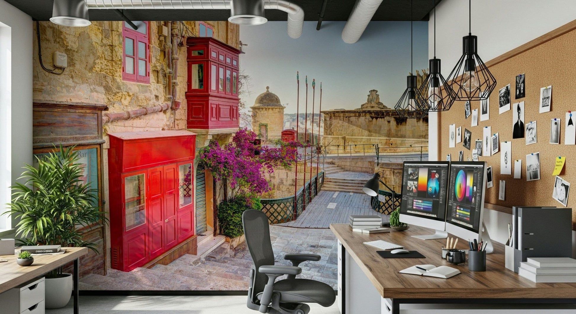 Mediterranean harbour town mural behind sofa in a modern flat, warm colours, feature wall