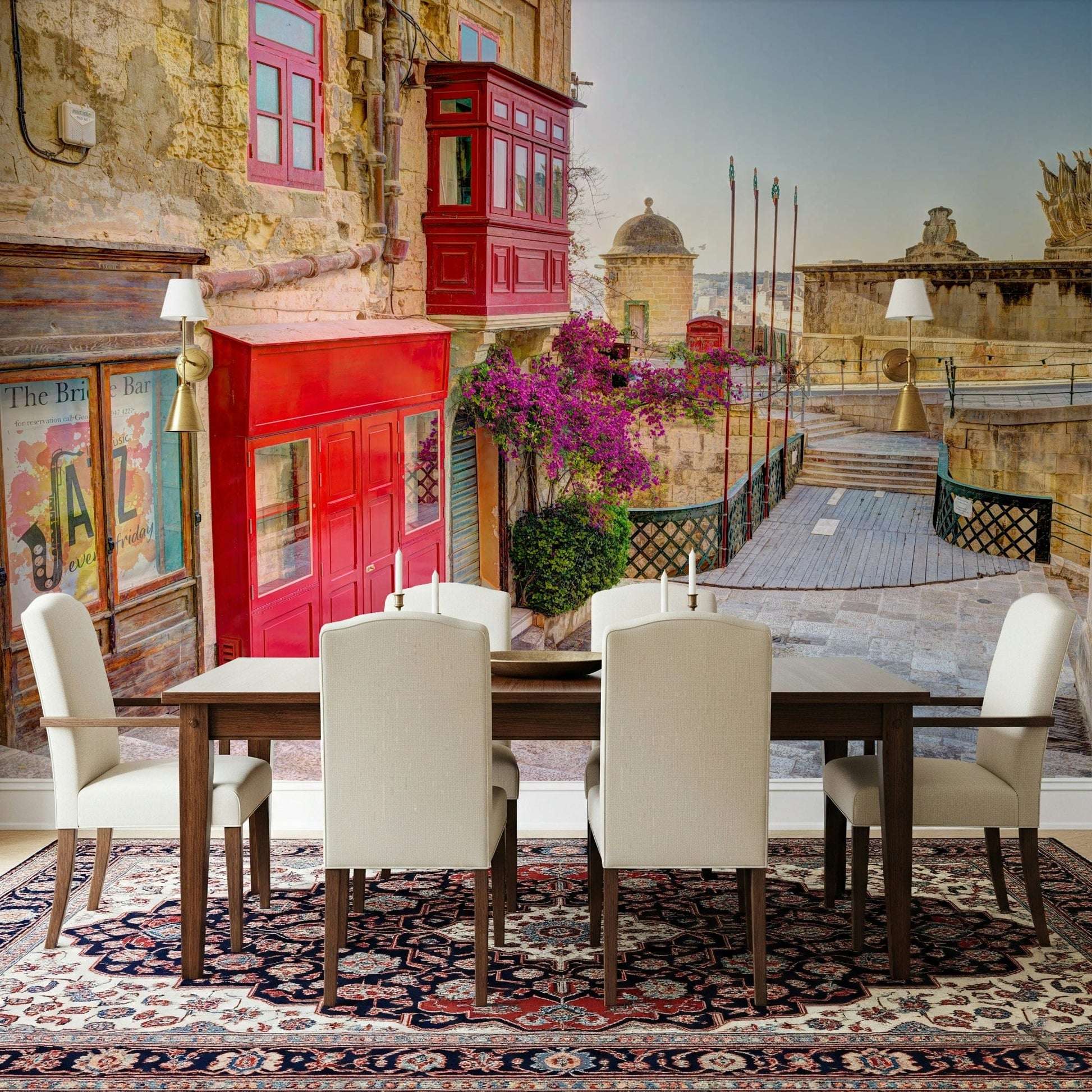 Sunlit Mediterranean architecture wallpaper in lounge, modern home décor, beige and blue colours