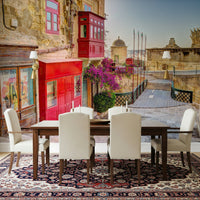 Sunlit Mediterranean architecture wallpaper in lounge, modern home décor, beige and blue colours