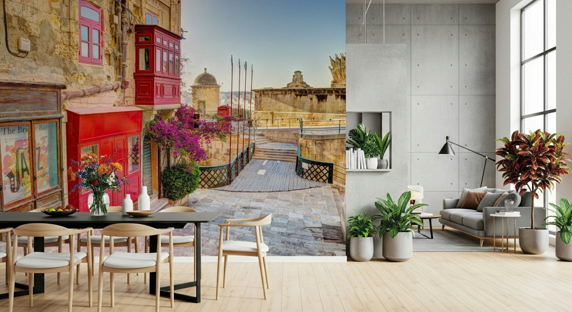 Valletta's Charm Wall Mural above sideboard, modern flat décor, golden colour tones