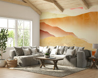 Artistic desert peaks for a guest bedroom feature wall with cream linen bedding.