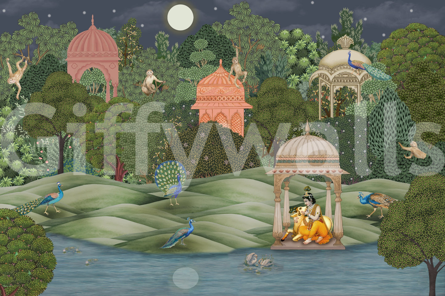 Vanara Vatika wall mural styled with wood furniture and warm light