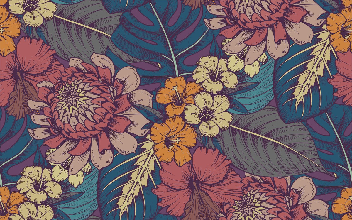 描かれた熱帯の花の壁紙の壁画 in your room