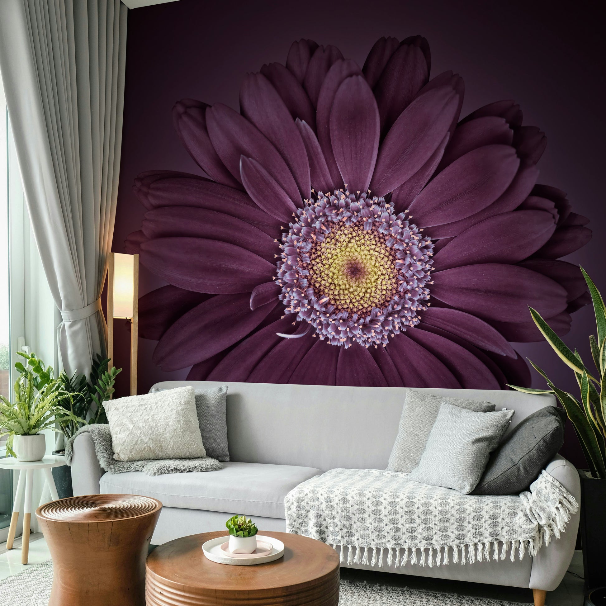 Rich velvet floral design mural with purple, pink, and gold hues.

