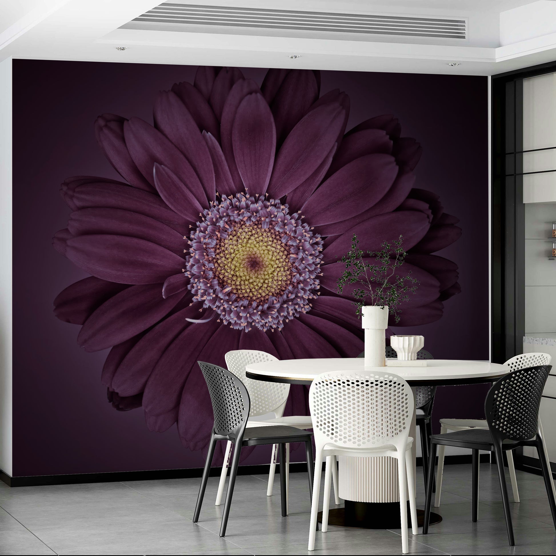 Elegant floral mural with deep purple, pink, and gold tones.

