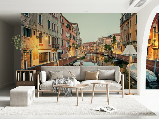 Venetian Canal Dreams wallpaper mural, charming Italian waterway wall decoration.