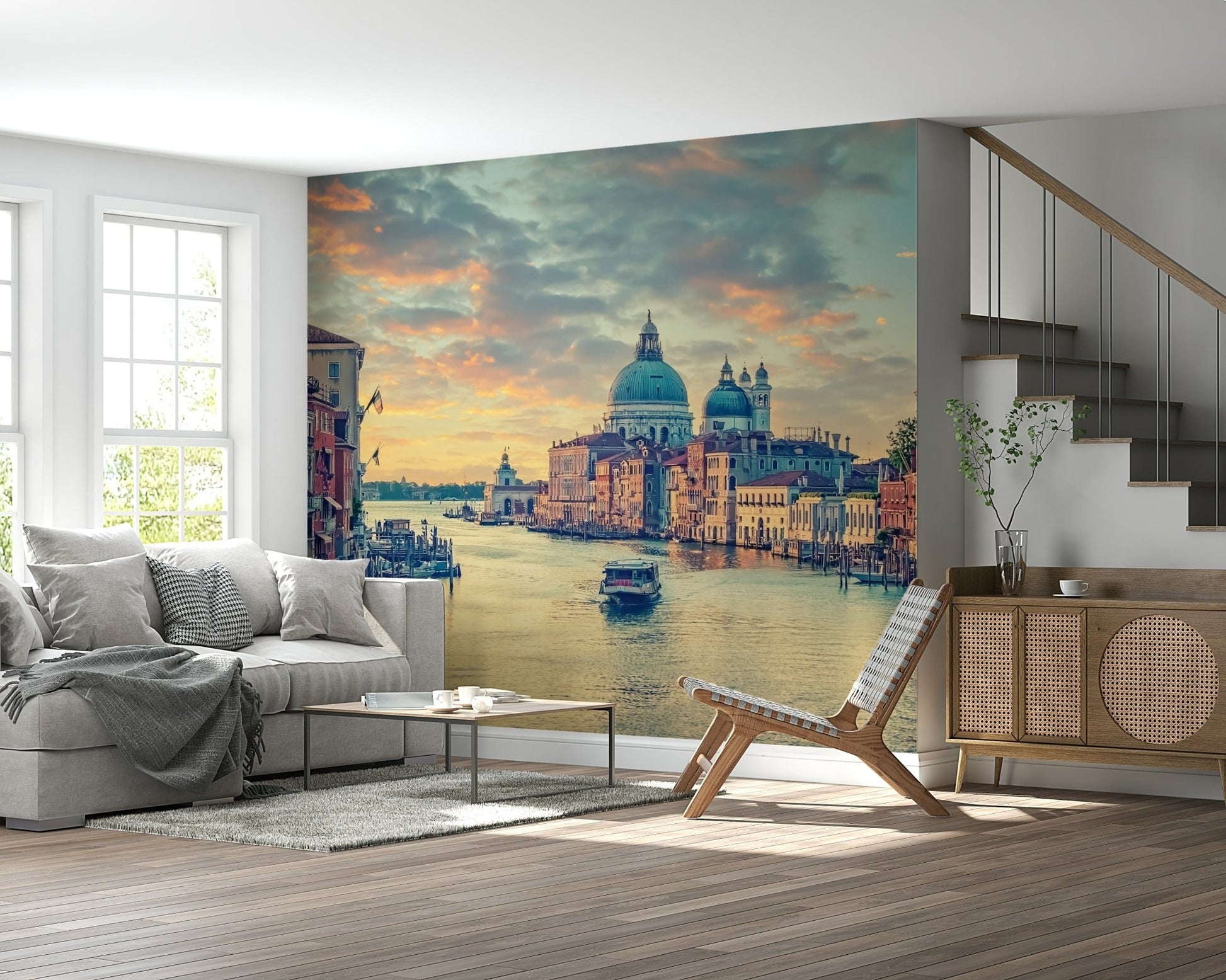 Gorgeous Venetian Dawn wallcovering waterway cityscape print.