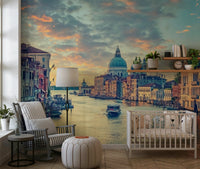 Atmospheric Venice wall décor wallpaper for walls boats piers.