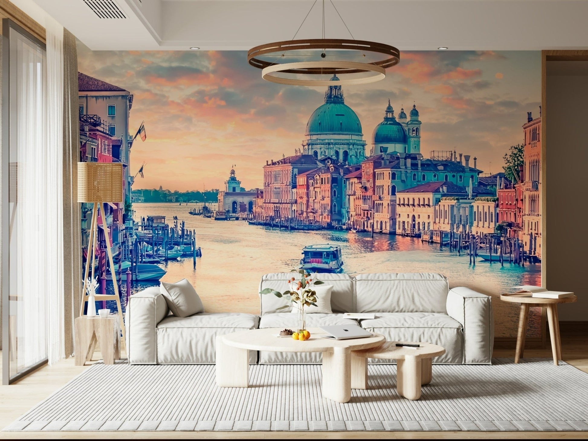 Venetian mural behind bed, modern bedroom styling in soft colours