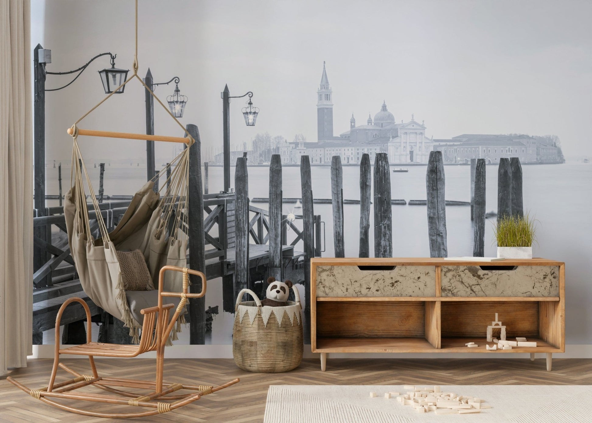 Venetian Stillness scenic wallpaper, quiet water, classic lanterns, artistic covering.