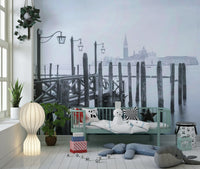 Coastal wall mural, antique boat dock, misty weather, picturesque Italy, Venetian Stillness.