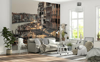 Warm glow Venetian Canal Evening wallpaper for walls elegant European street.