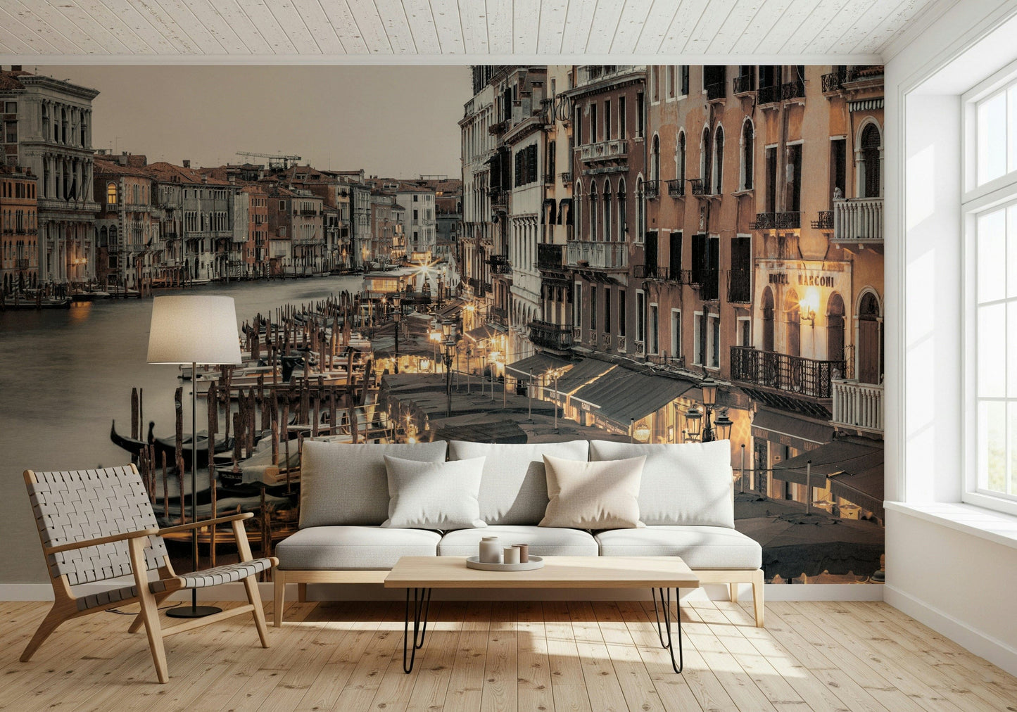 Gondola docks image Venetian Canal Evening wall covering romantic setting.