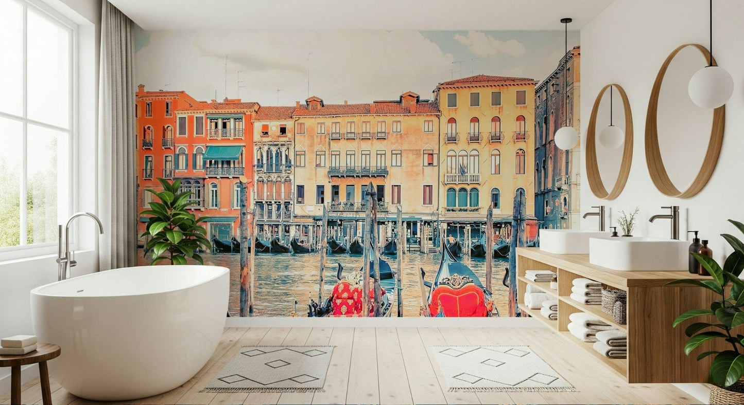 Picturesque Venice Dreamscape wall art, traditional gondolas await travel.