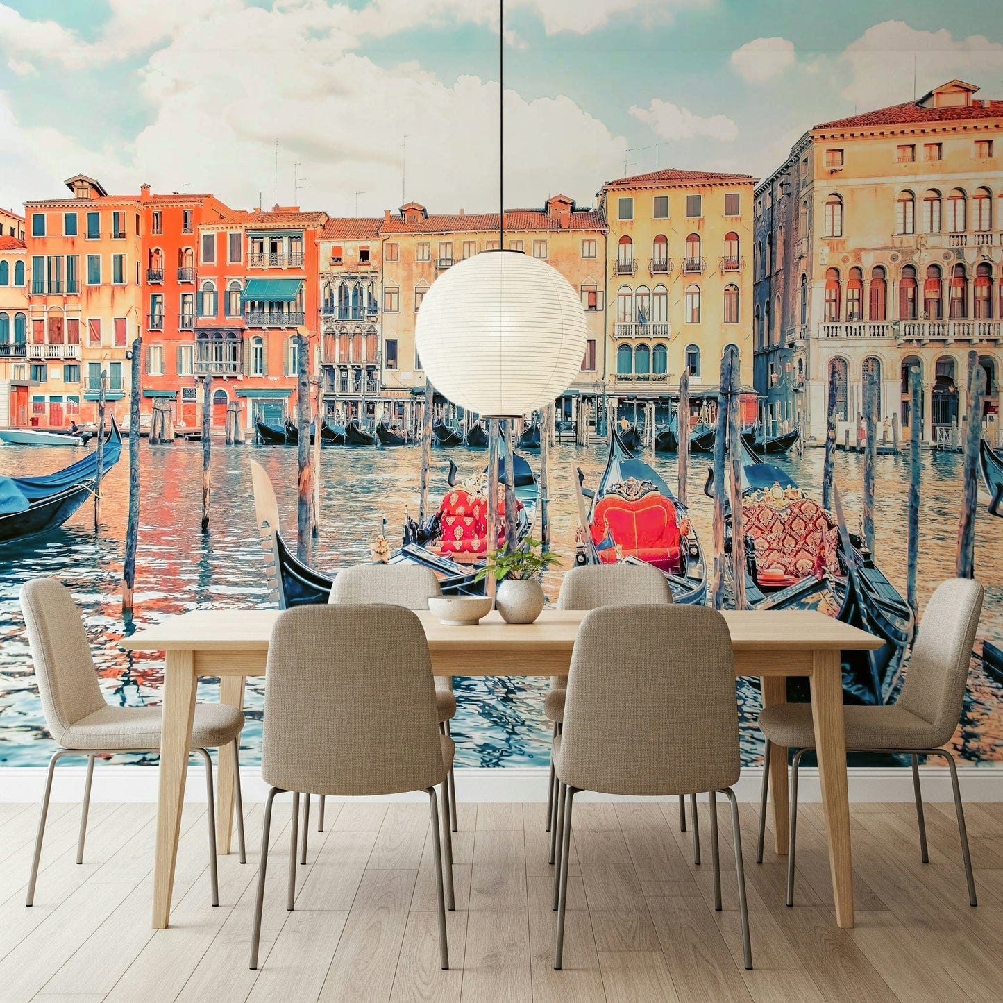 Venice Dreamscape mural, gondolas moored, vibrant Renaissance architecture.