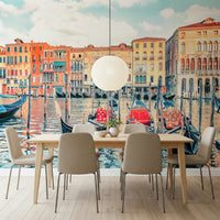 Venice Dreamscape mural, gondolas moored, vibrant Renaissance architecture.