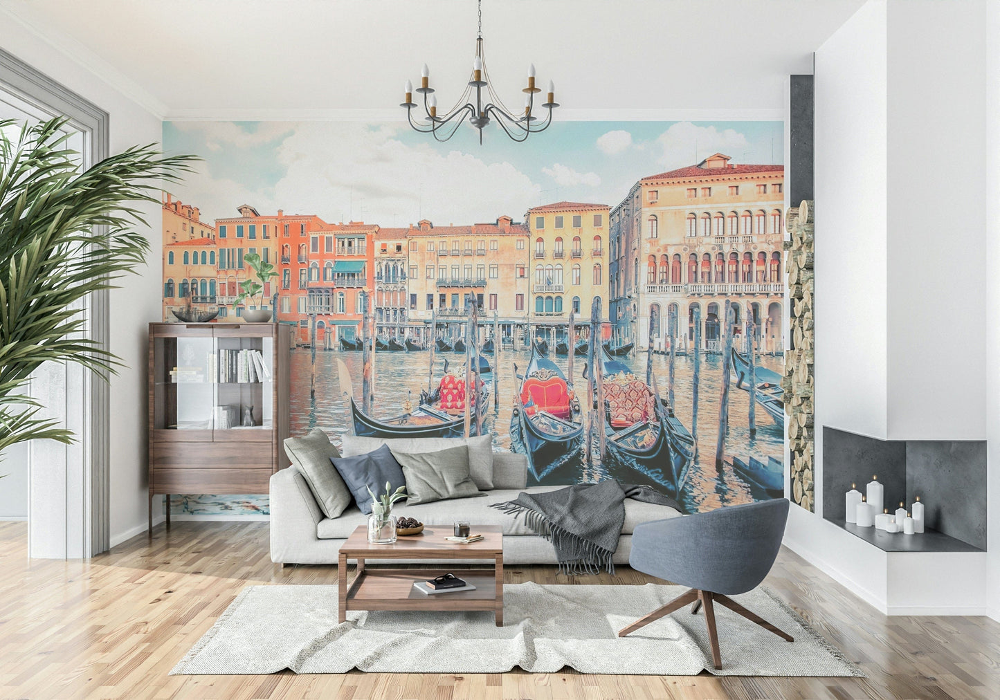 Gorgeous Venice Dreamscape wall mural, colorful houses, shimmering water.