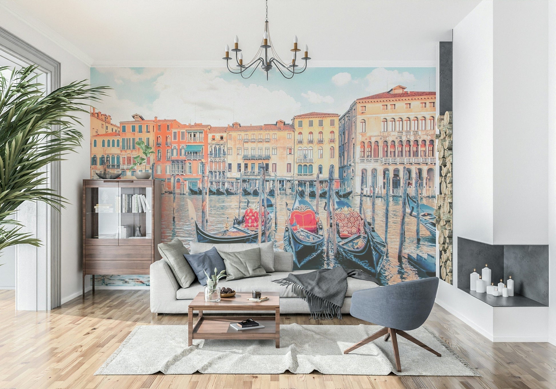 Gorgeous Venice Dreamscape wall mural, colorful houses, shimmering water.