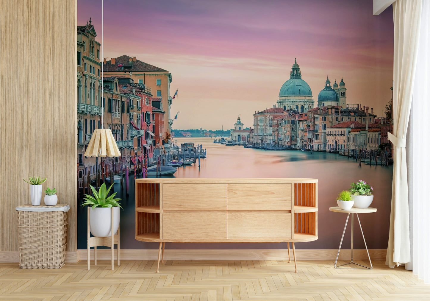 Venice waterway Canal Dream mural stunning pink purple sky.
