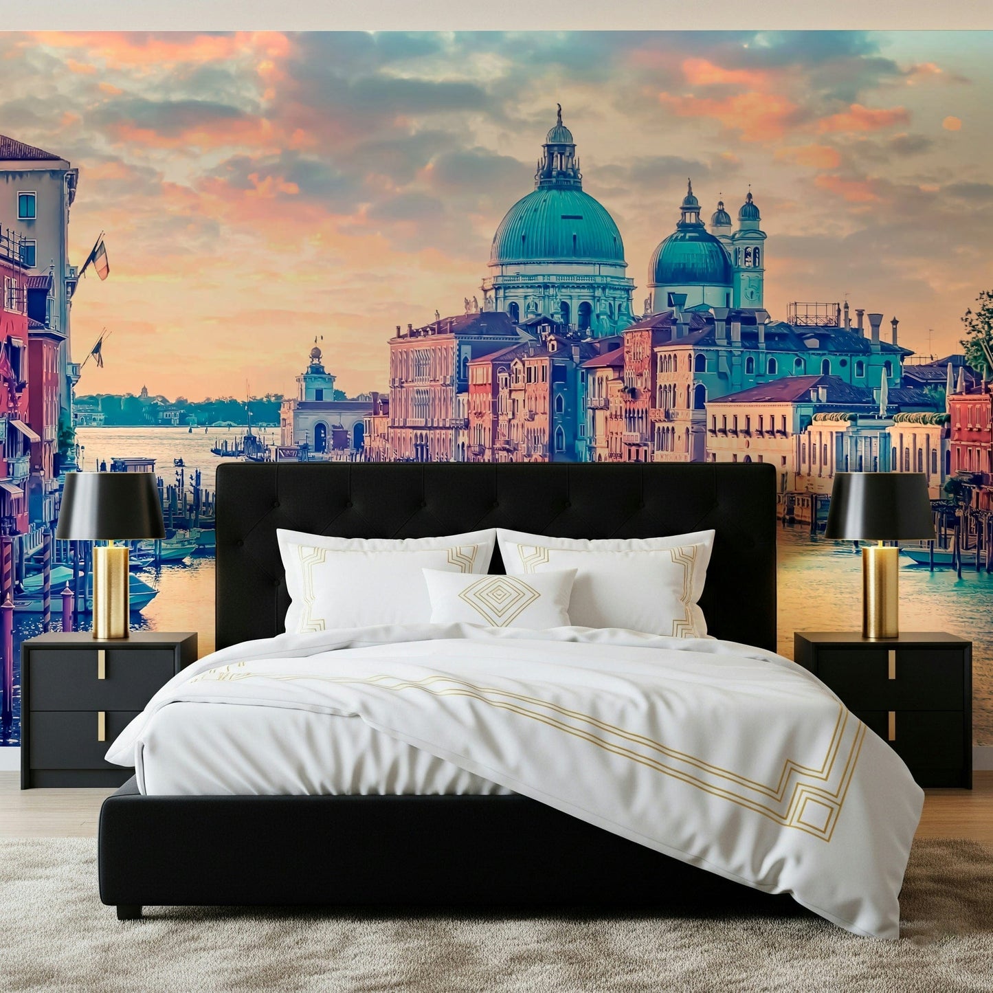 Venetian Dreamscape Wall Mural behind sofa, home styling