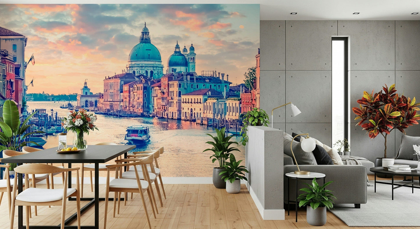 Venice skyline mural on dining wall, muted modern colours
