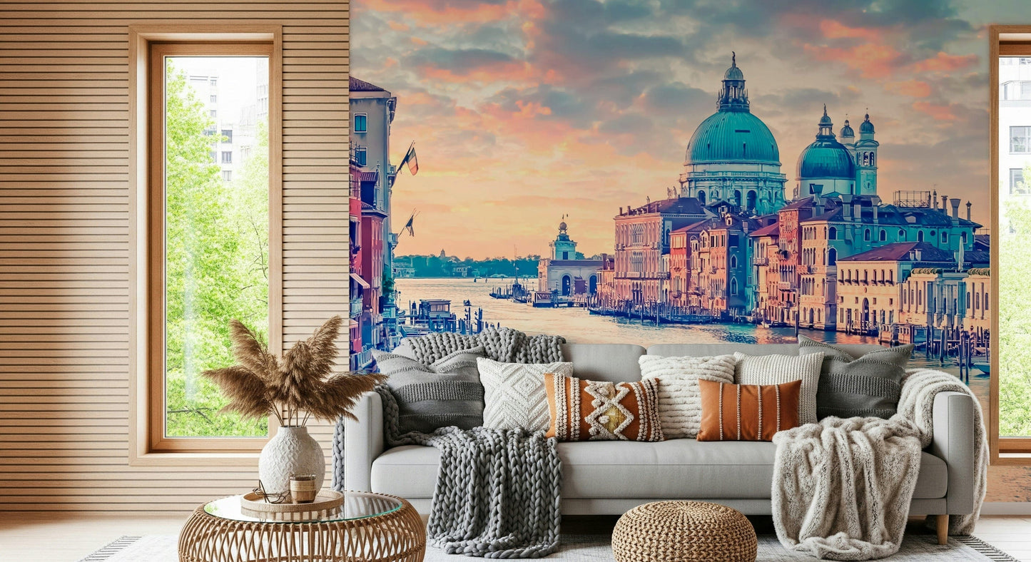 Venice waterside mural in bedroom, soft colour and depth
