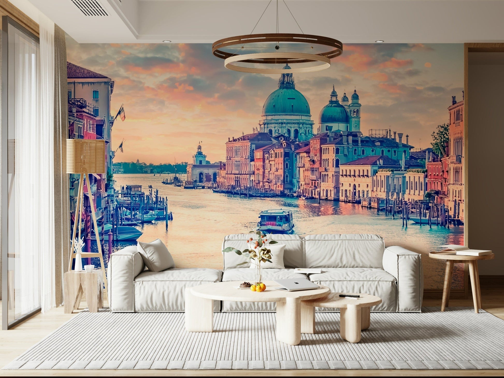 Venetian mural behind bed, modern bedroom styling in soft colours