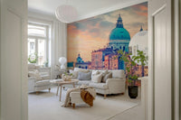 Venetian waterfront mural in entryway, calm modern style
