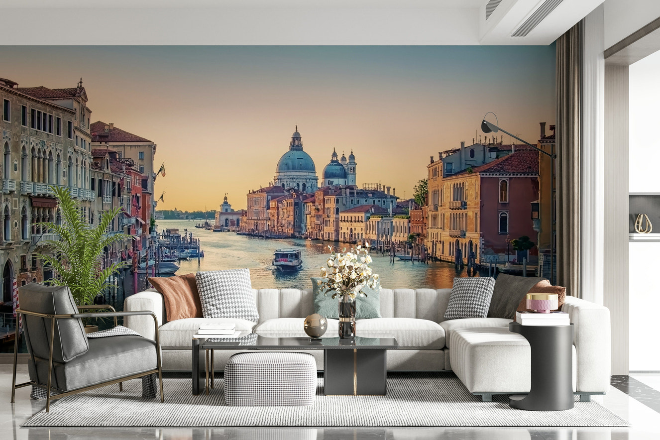 Venice Serenade wallpaper mural showing golden canal sunset.