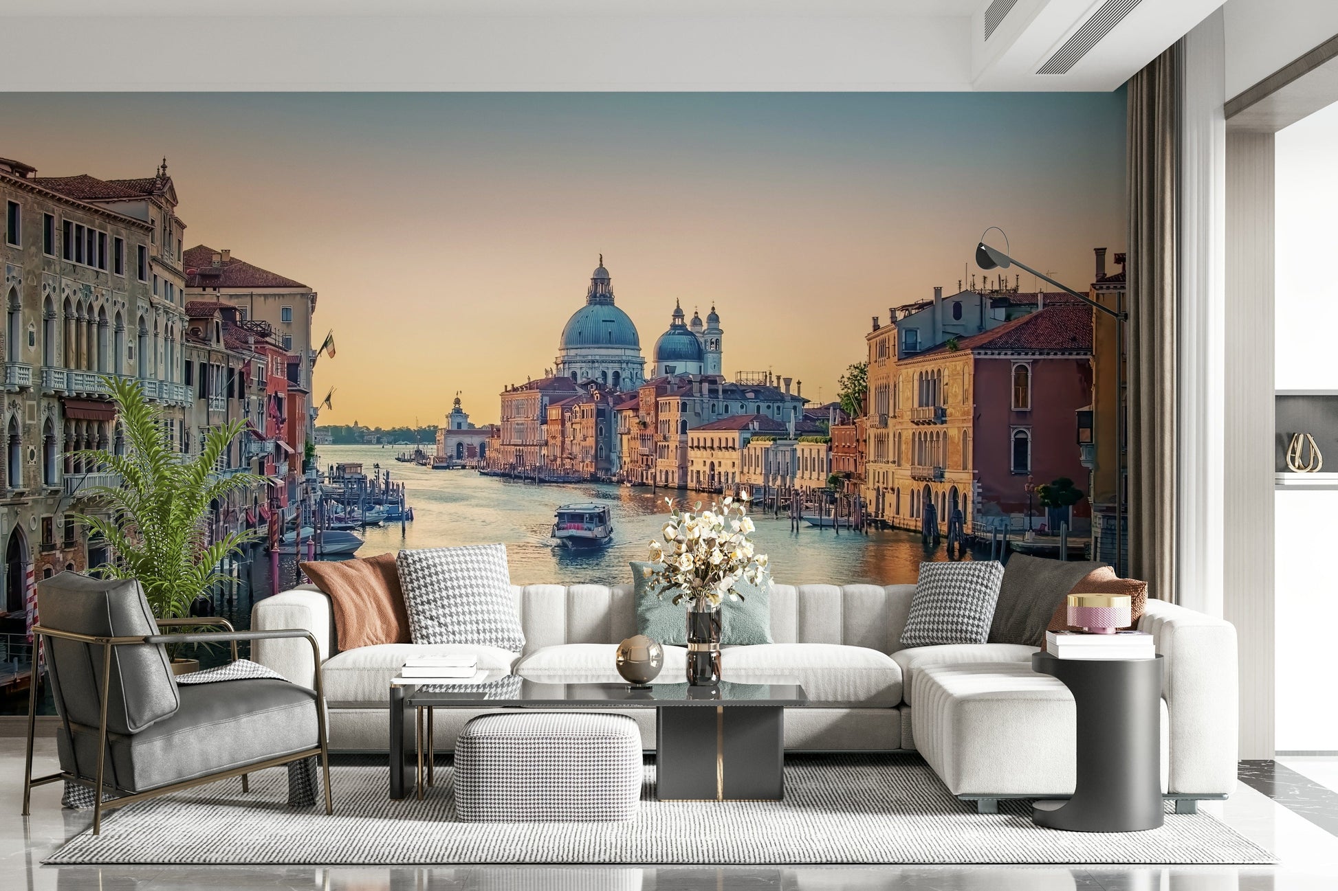 Venice Serenade wallpaper mural showing golden canal sunset.