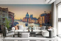 Venice Serenade wallpaper mural showing golden canal sunset.