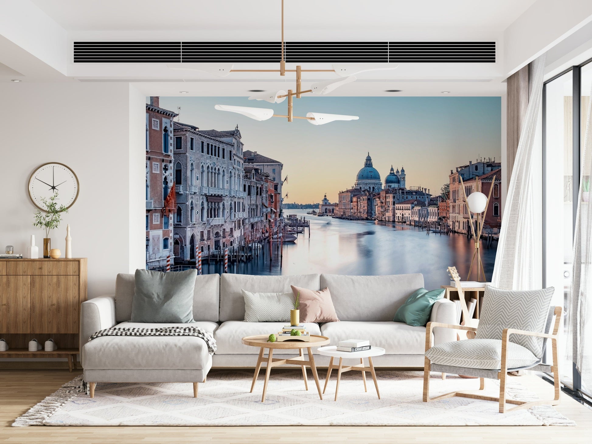 Waterside canal mural in home office, calm styling backdrop