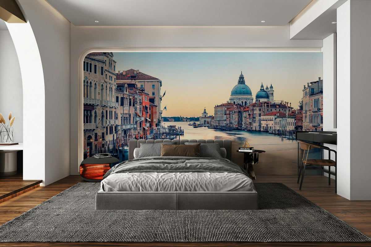 Venetian Serenity wallpaper mural of the Grand Canal at dusk behind a gray platform bed in a bedroom