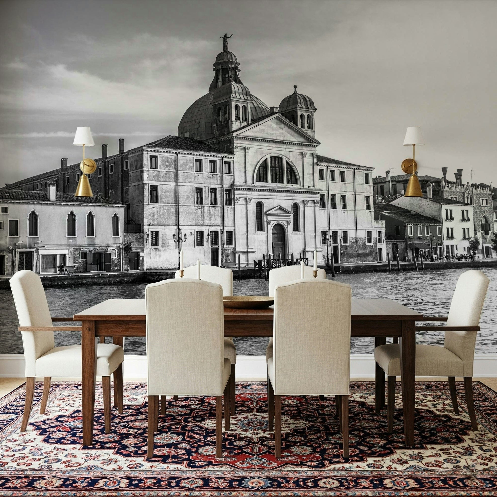 Venice Cityscape wallpaper mural of a black and white domed church across the water above a dining table and ornate rug