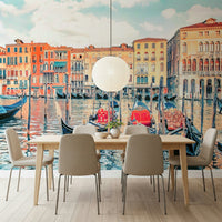 Venice Dreamscape mural, gondolas moored, vibrant Renaissance architecture.