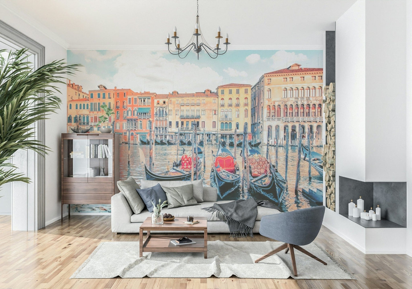 Gorgeous Venice Dreamscape wall mural, colorful houses, shimmering water.