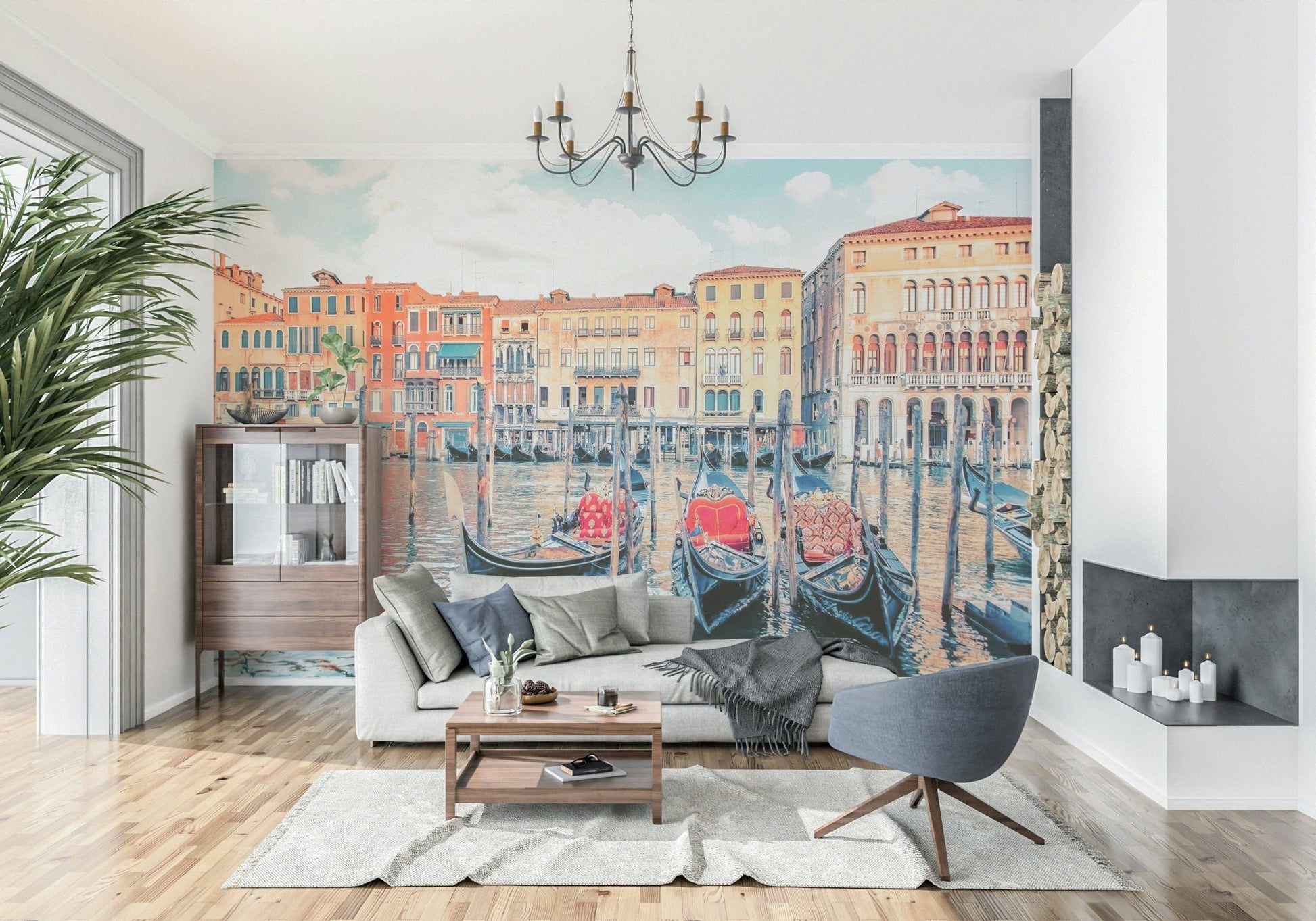 Gorgeous Venice Dreamscape wall mural, colorful houses, shimmering water.