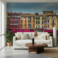 Boats docked colorful houses Italian cityscape wallpaper for walls.