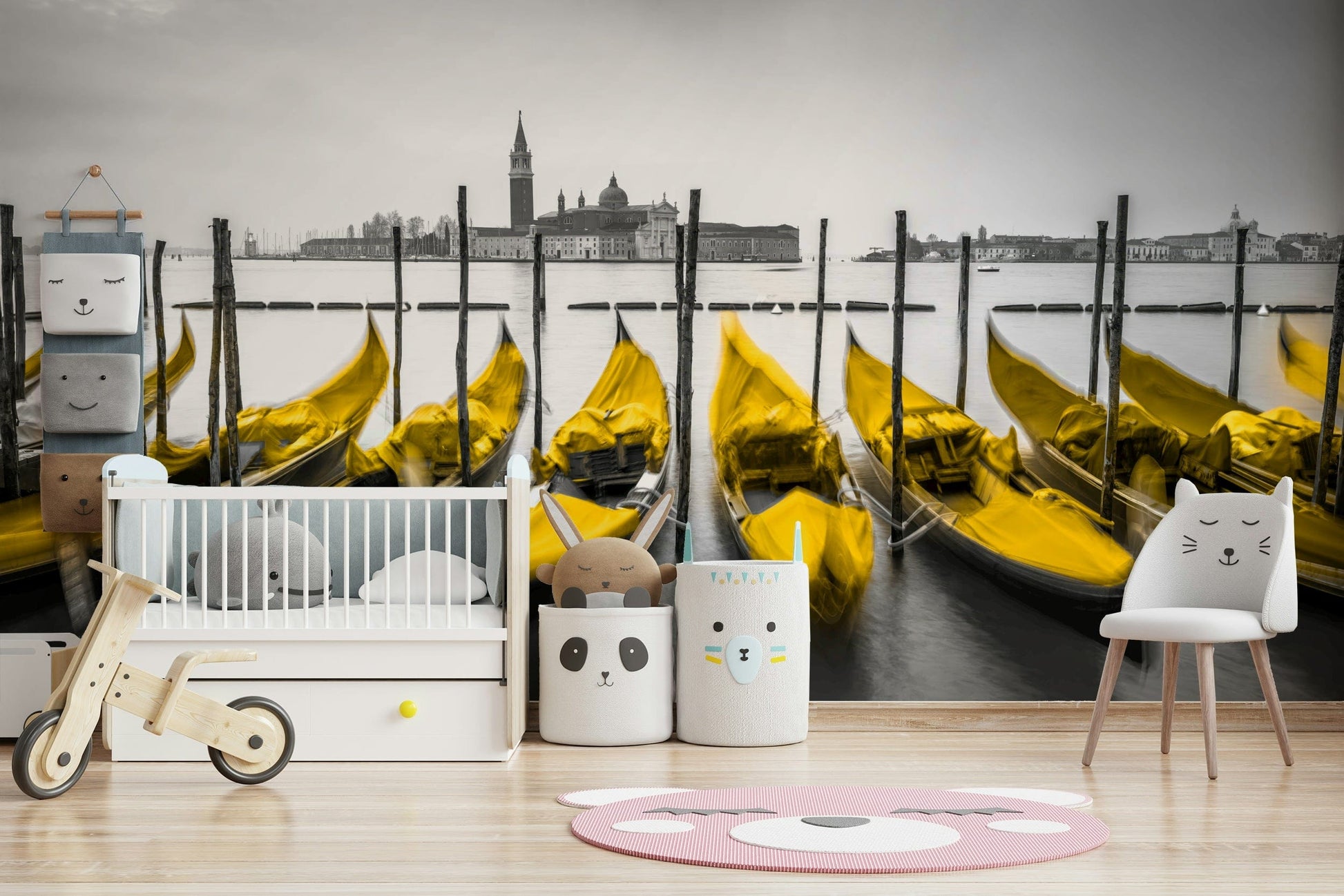 Golden Gondolas wall mural, yellow boats, striking selective color photo.