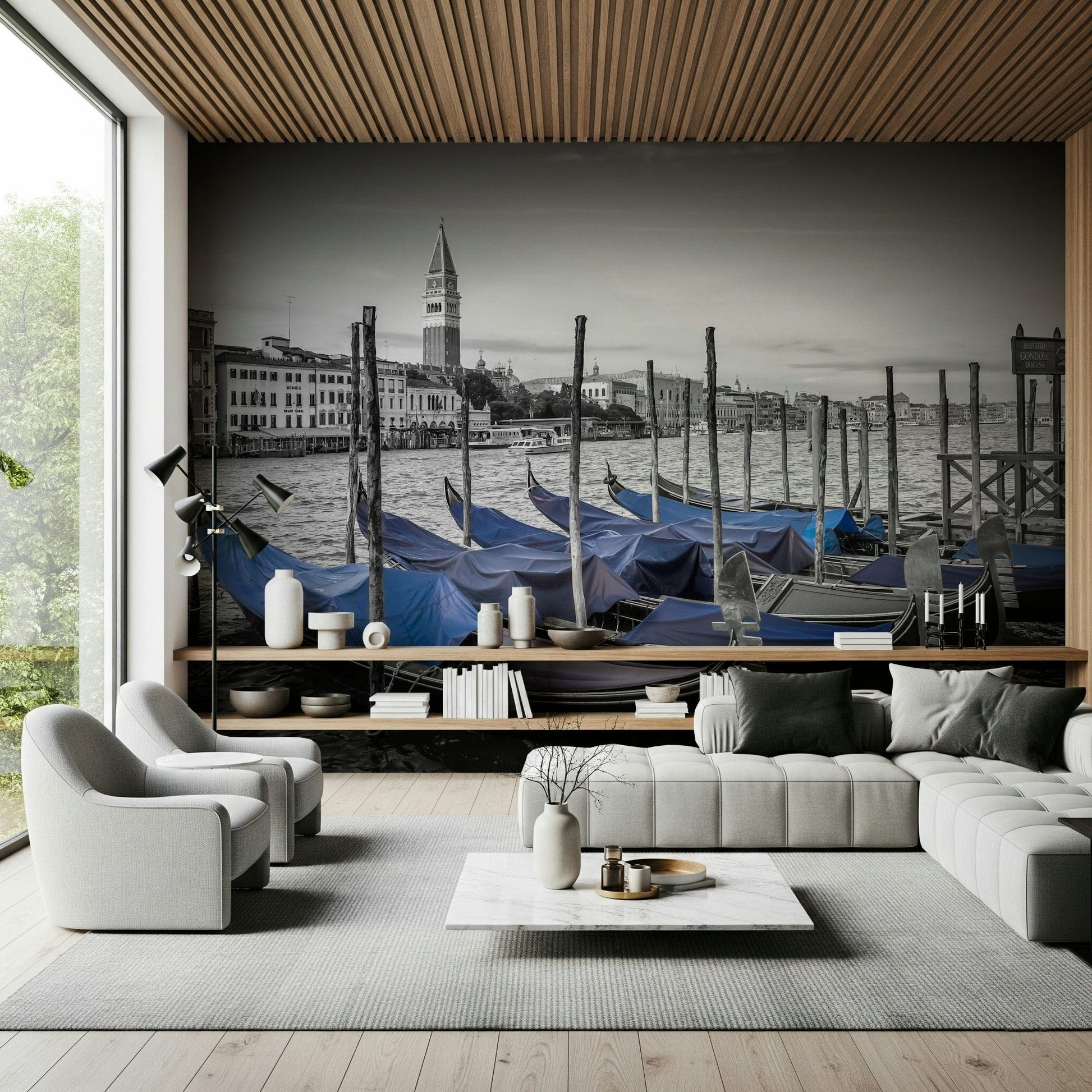 Feature wall mural with Venice boats and Campanile, neutral modern lounge style
