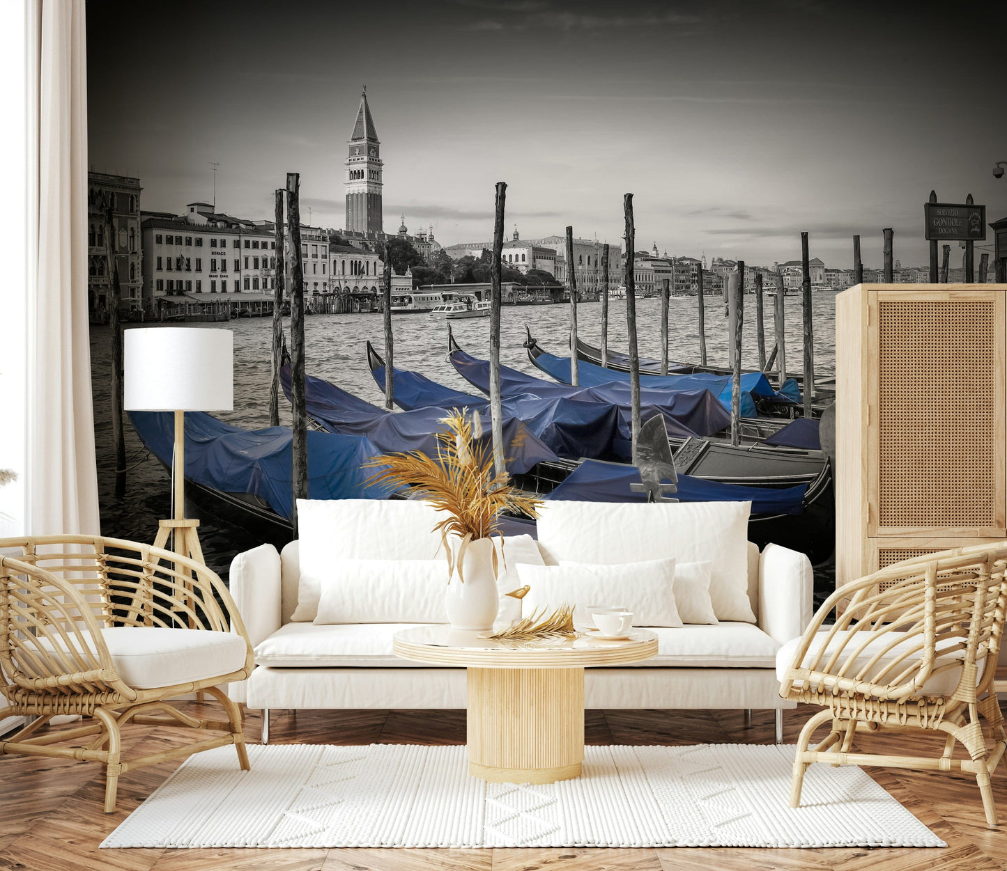 Venetian canal wallpaper in hallway, long wall scene with historic buildings