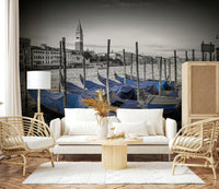 Venetian canal wallpaper in hallway, long wall scene with historic buildings