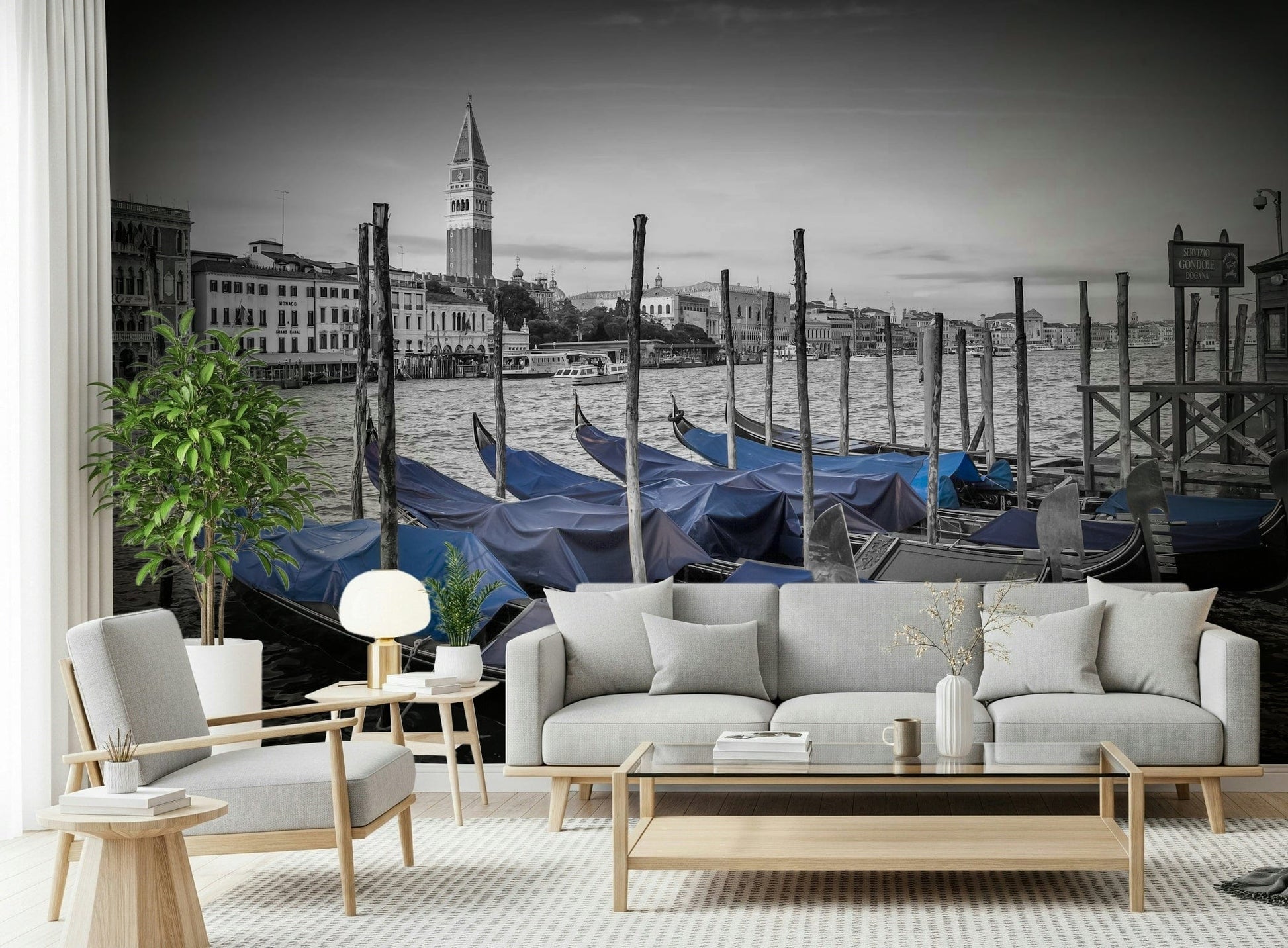 St Mark’s Campanile mural behind sofa, modern apartment wall decor, warm lighting