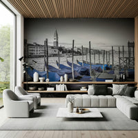 Feature wall mural with Venice boats and Campanile, neutral modern lounge style